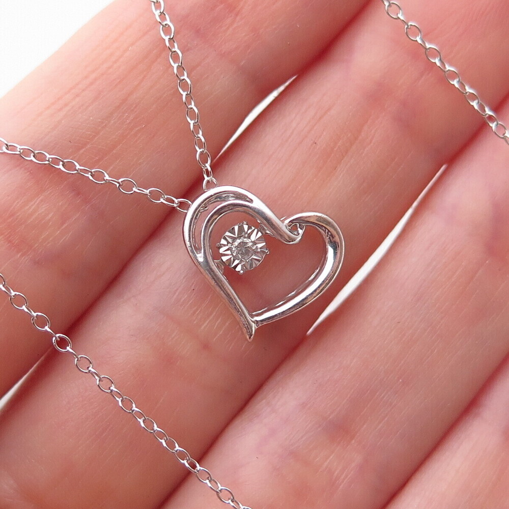 925 Sterling Silver Real Round-Cut Diamond Heart Cable Chain Necklace 18"